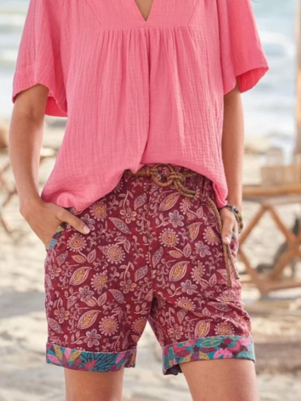 Sundance Sumi Red Floral Print Bermuda Shorts with Multicolor Trim 10